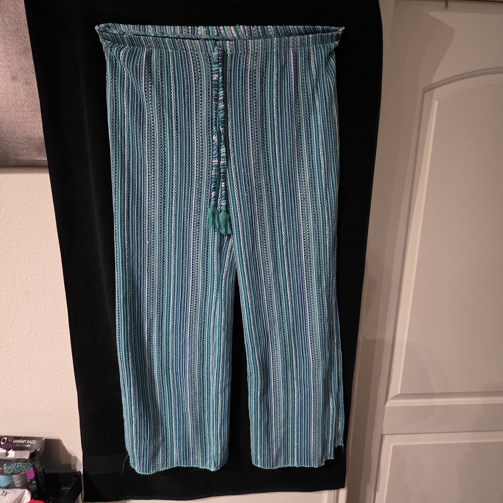 Striped Teal Wide-Leg Drawstring Pants